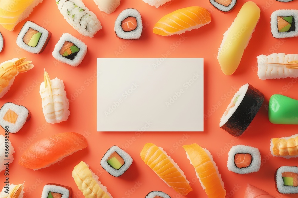 Poster a white card is placed in the middle of a table with various sushi rolls