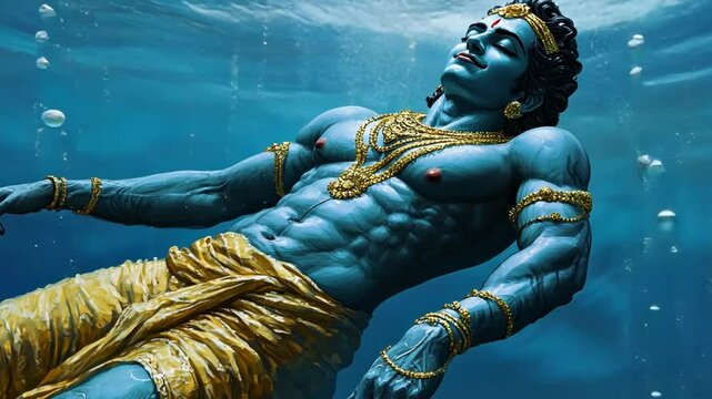 A vibrant digital illustration of Lord Vishnu underwater, symbolizing Hindu mythology, Indian culture, and significant holidays such as Diwali and Janmashtami
