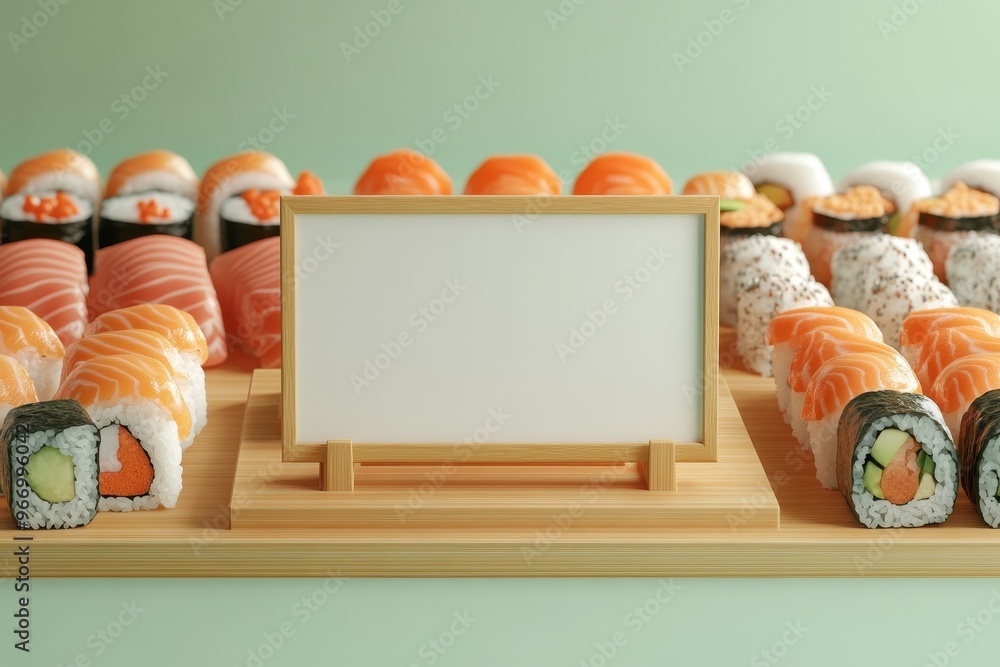 Poster a white card is placed in the middle of a table with various sushi rolls