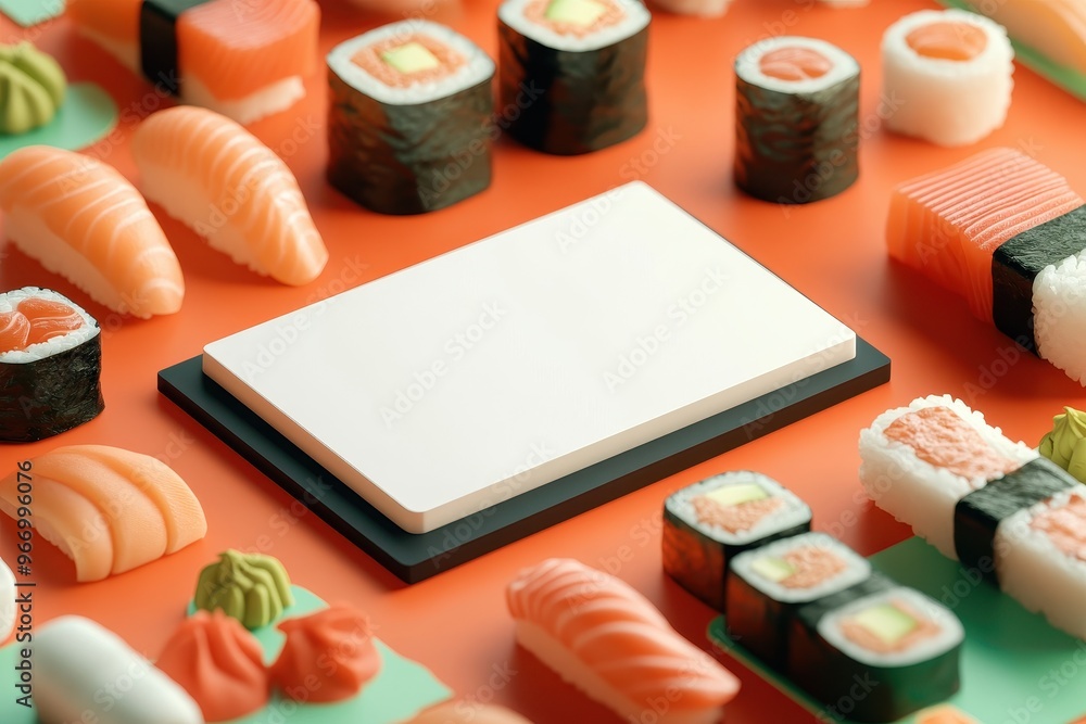 Poster a white card is placed in the middle of a table with various sushi rolls
