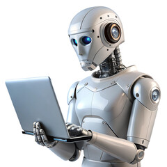 robot with laptop isolated on transparent white background, clipping path 