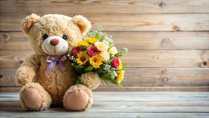 Obraz premium Teddy bear holding a bouquet of flowers