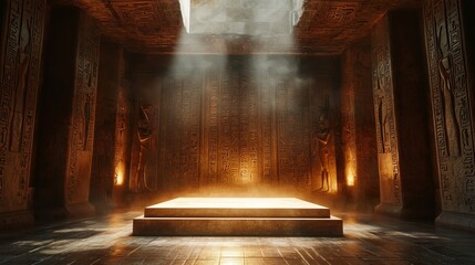 A glowing 3D podium set inside an ancient Egyptian tomb, surrounded by hieroglyphs and intricate carvings, with soft torchlight casting shadows
