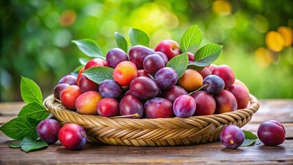 A dazzling circular arrangement of plump, juicy June plums, surrounded by a verdant leaf and set against a