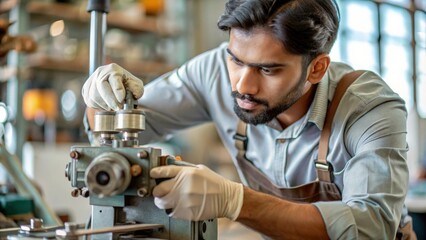 An Indian mechanic using various tools in a workshop to fix or assemble mechanical parts, focusing on hands-on skills.