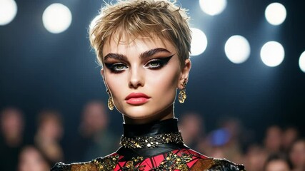 A young Caucasian woman with bold makeup and stylish short hair models haute couture fashion under bright lights, perfect for fashion shows and New Year's Eve celebrations