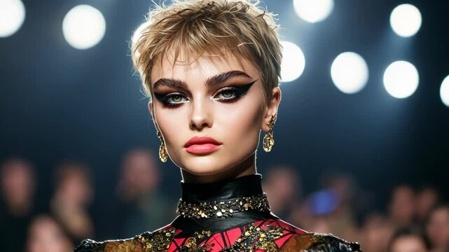 A young Caucasian woman with bold makeup and stylish short hair models haute couture fashion under bright lights, perfect for fashion shows and New Year's Eve celebrations
