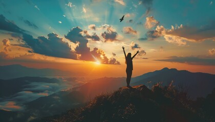 Obraz premium Empowered by the Sunset: A Woman's Journey to Freedom and Adventure