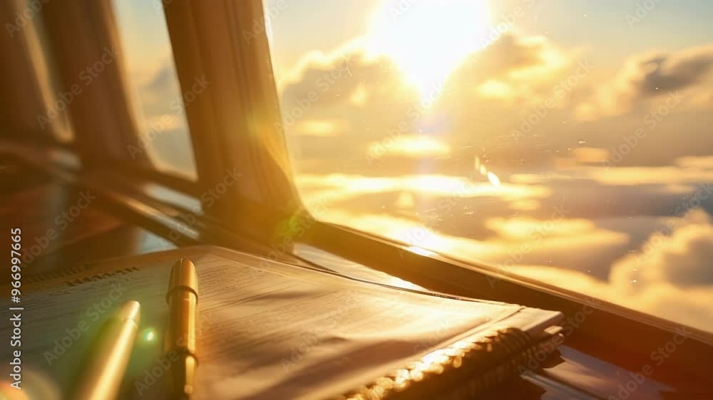 Poster two golden pens are laying on top of a notepad on a table in front of the window of a private jet, w