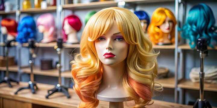 A fake hair piece rests on a foam head, allowing stylists to precisely customize and style wigs for