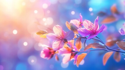 Obraz premium Vibrant flowers and leaves, surreal colors, soft sunlight, digital painting, 3D, sky and floral harmony