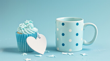 A serene Friendship Day scene with a light blue polka dot mug and a white heart-shaped tag. Beside the mug, there's a baby blue cupcake in a star-decorated wrapper, 