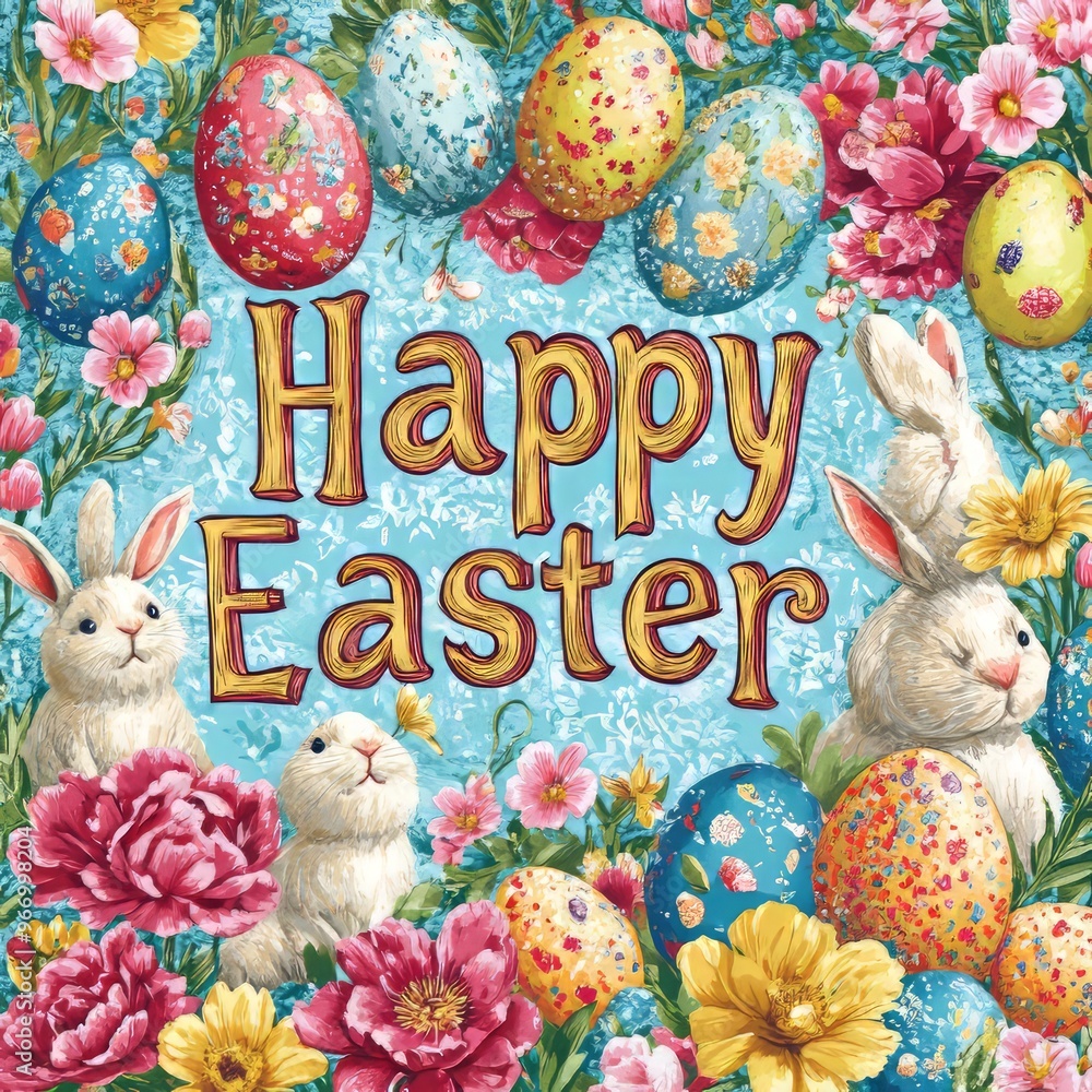 Poster A colorful Easter greeting with bunnies, eggs, and flowers.