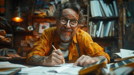 a Happy Man Working on Taxes, Pencil in Hand, Cinematic Depth of Field, generative ai
