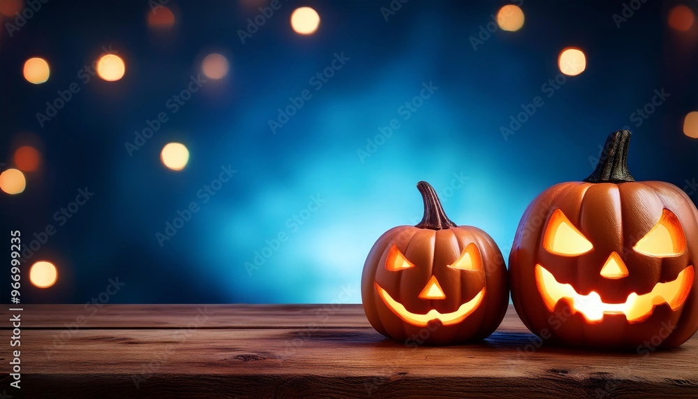 Poster two halloween lanterns with evil eyes and face on a wood table with a spooky dark blue background at