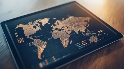 Digital world map on tablet screen with graphs