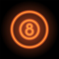 Billiard 8-ball simple icon. Flat design. Orange neon on black background