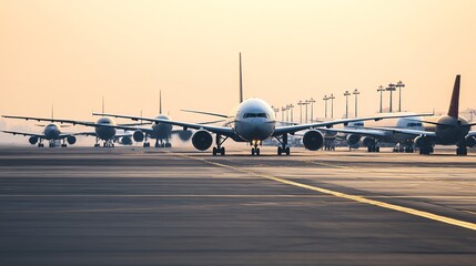 Fototapeta premium Row of airplanes on runway during sunset