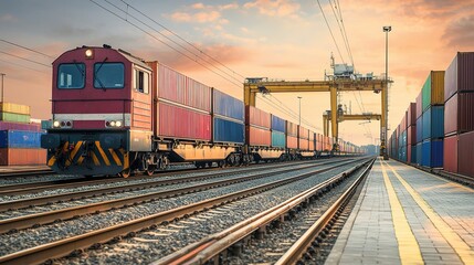 Fototapeta premium Freight train with containers at sunset, rail transport