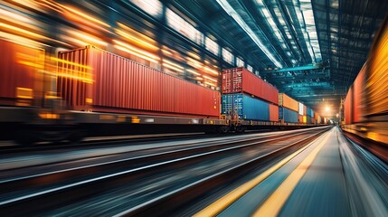 Obraz premium Blurred motion of cargo train within industrial site