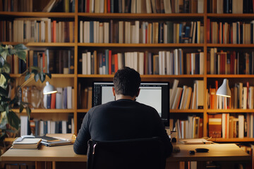 Man in a Home Office Working In Remote Work with a Large Bookshelf Behind, Highlighting an Organized Workspace and Efficient Virtual Communication