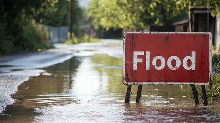 Road closed due to danger of flooding with red warning signboard