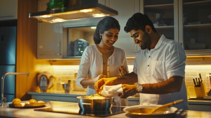 Indian Couple in a Well-Lit Kitchen Baking Together, Tubelight Illuminating the Scene generative ai
