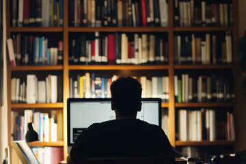 Man in a Home Office on a Video Call with a Large Bookshelf Behind, Highlighting an Organized Workspace and Efficient Virtual Communication