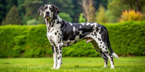 A majestic black and white spotted dog stands proudly on a lush green grassy lawn, basking in the