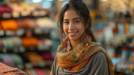 Fototapeta premium Indian Shopping Mall Employee Standing at Billing Counter Handing Over Folded Clothes, Photorealistic generative ai