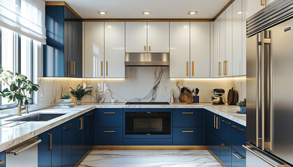 Fototapeta premium Blue and white cabinetry, gold accents, and marbled countertops in a modern kitchen with stainless steel features.
