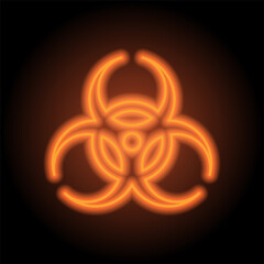Biohazard simple icon vector. Flat design. Orange neon on black background