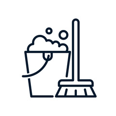Mop and bucket. Cleaning concept. Vector linear icon isolated on white background.