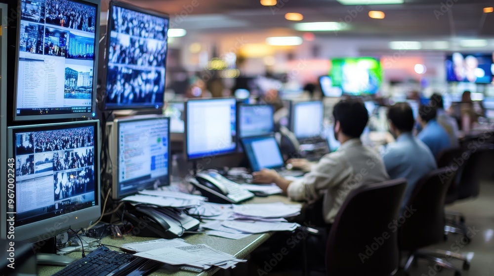 Fototapete reporters diligently work in a busy newsroom surrounded by multiple computer screens displaying live