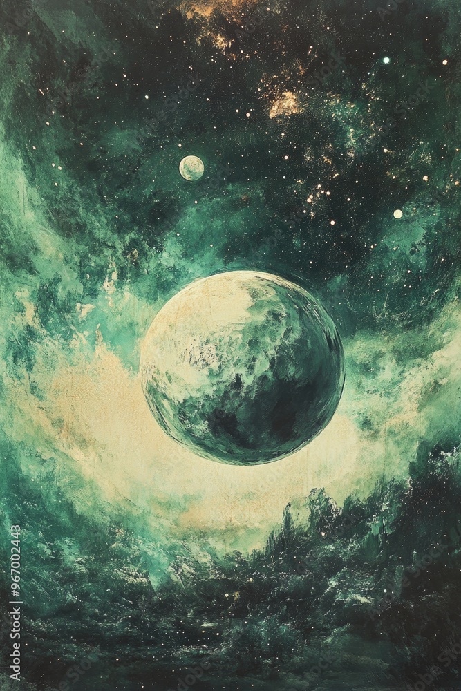 Poster artistic backdrop featuring a planet and nebula design