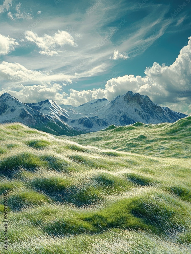 Poster surreal 3d render of a shaggy surface resembling a grassland with a mountain landscape featuring an 