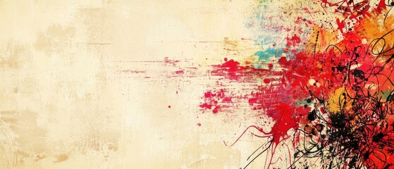 Abstract artistic design featuring a blood red invitation card with beige tones and vibrant graffiti A colorful mix of grunge doodles on a contemporary paper background