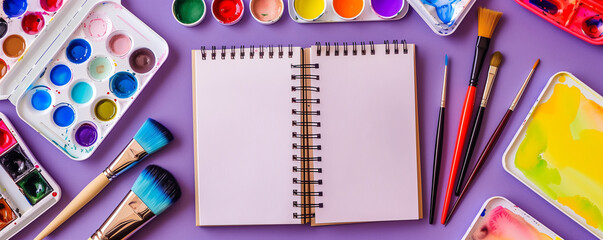 A variety of art supplies including sketchbooks, watercolor paints, and brushes arranged on a purple background with room for text, captured by an HD camera,