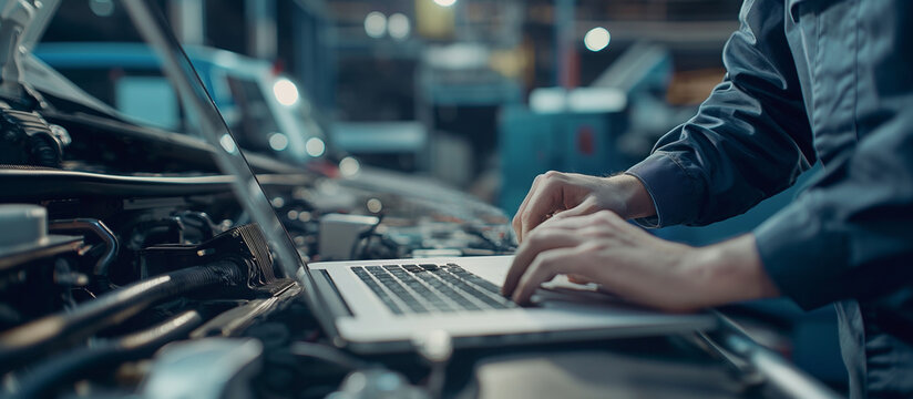 An engineer automotive mechanical technician using laptop computer programming, car maintenance service concept.
