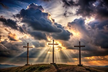 Obraz premium Three crosses on Golgotha under cloudy sky, Christian background