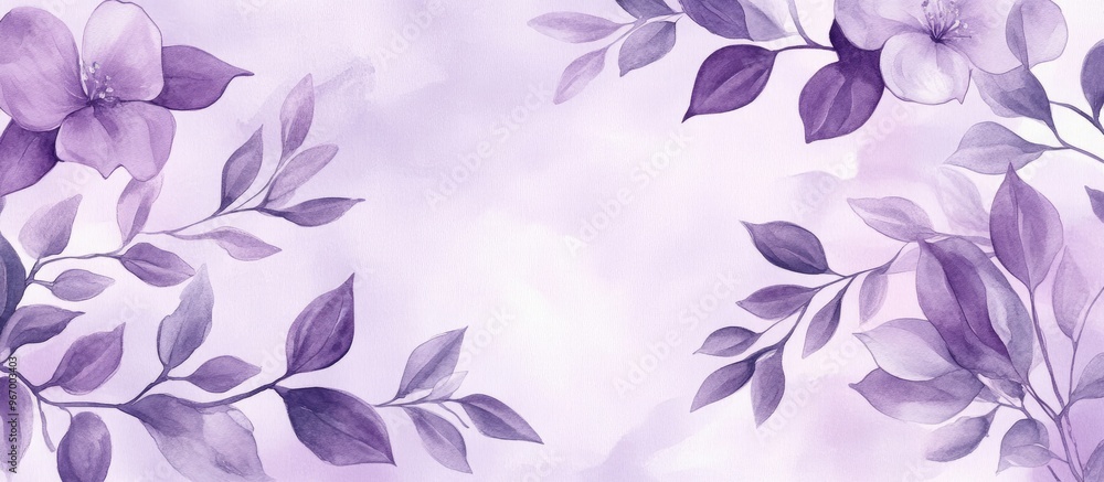Poster spring violet watercolor leaves and flowers on a soft violet background create an elegant design for