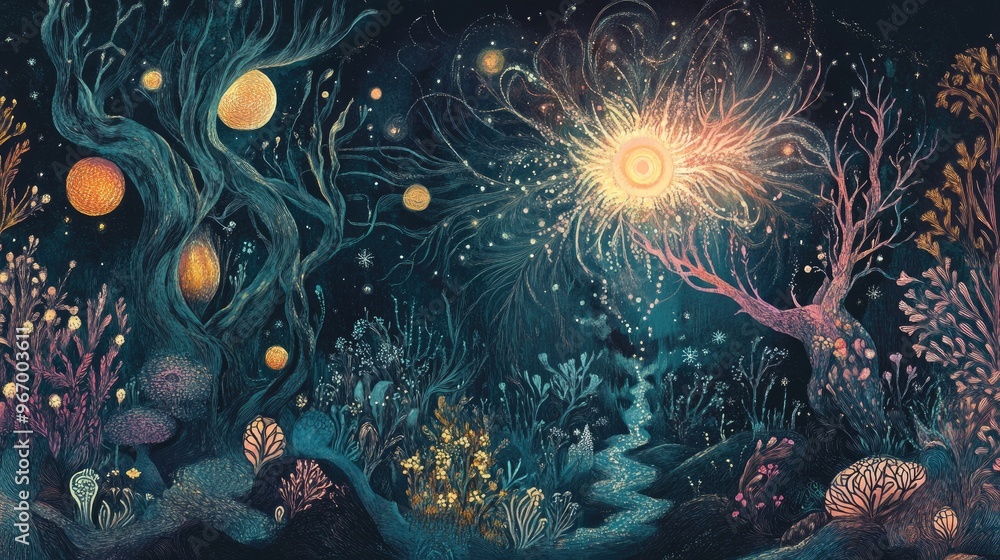 Poster enigmatic hand drawn illustration featuring ethereal and otherworldly elements perfect for adding a 