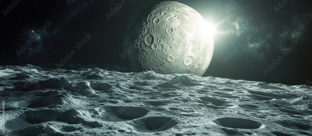 Aufkleber 3d abstract moon set against a galaxy background with sharp sunlight shadows featuring lunar craters
