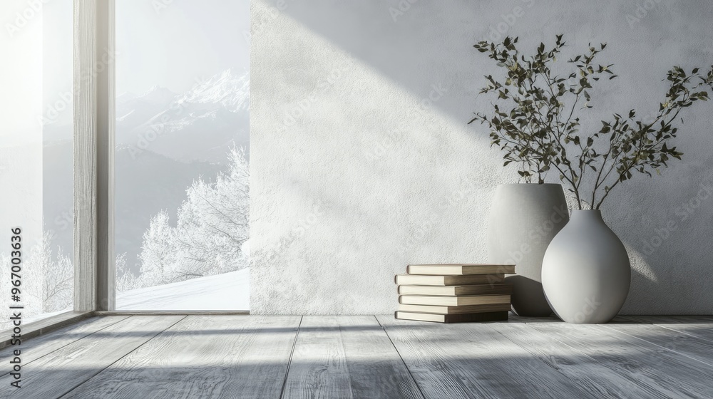 Poster concept of a minimalistic scandinavian interior featuring a vase and books on a wooden floor large w