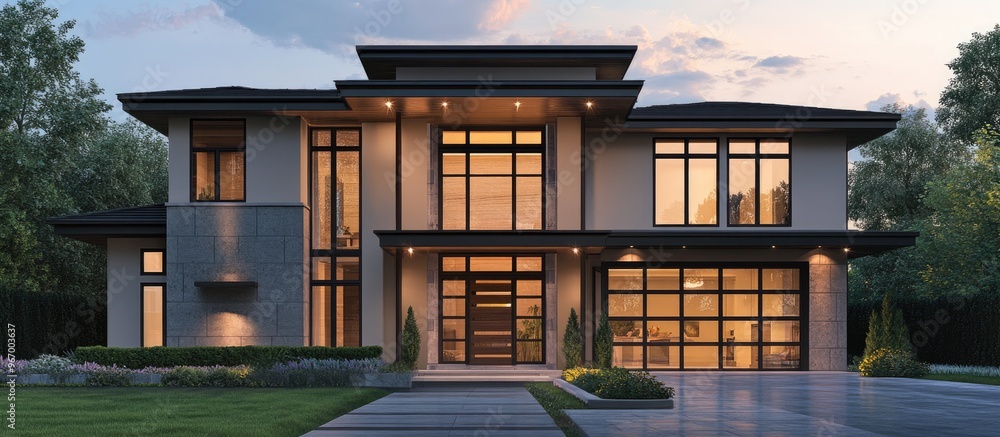 Poster 3d rendering of a modern house with a contemporary design featuring large windows a spacious layout 