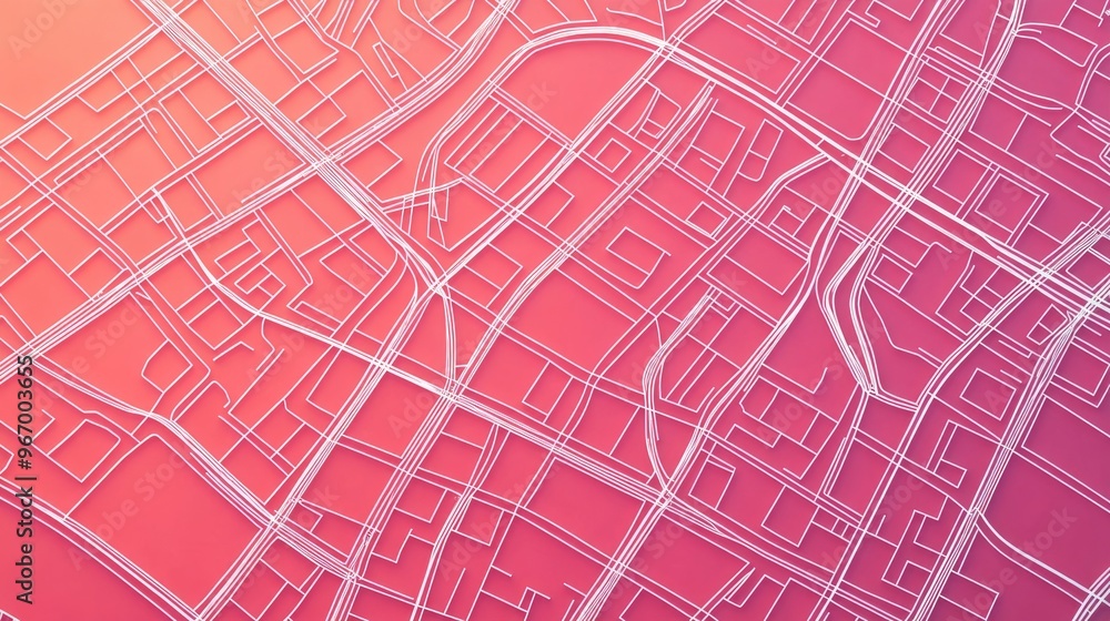 Aufkleber map of streets designed with white lines on a pinkish red gradient background top down view 3d rende