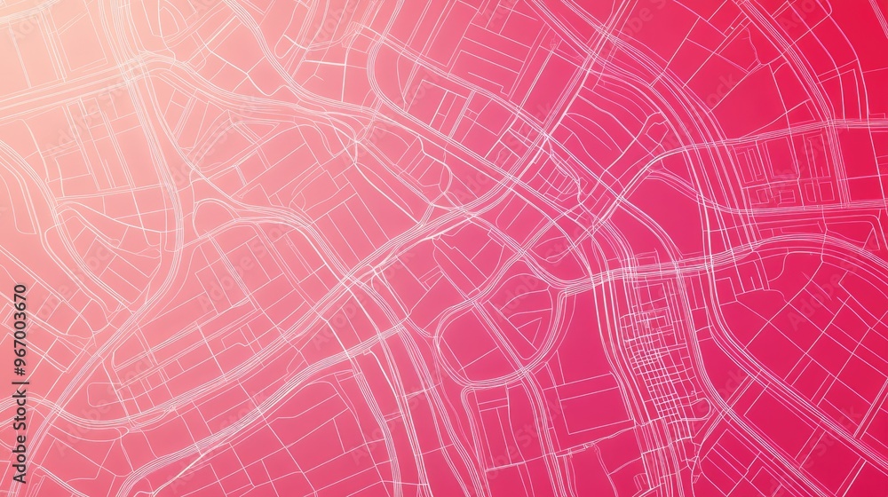 Poster map of streets created with white lines on a pinkish red gradient background top down flat view 3d r