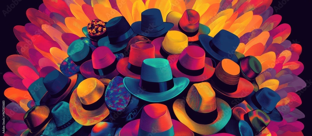 Poster psychedelic explosion of gentleman hats in a vibrant circular design a colorful raster illustration 