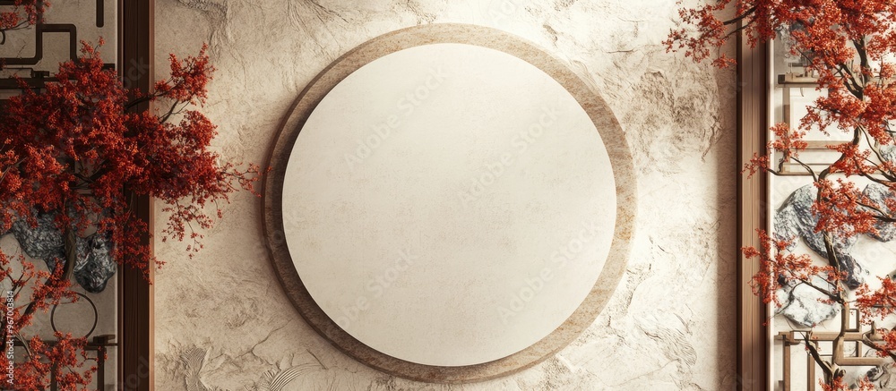 Poster podium designed for product presentation with a chinese inspired background 3d rendering from a top 