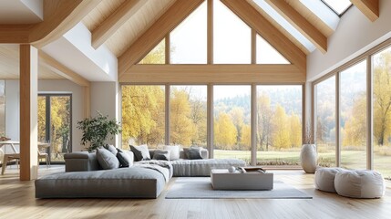 Fototapeta premium Luxury eco house living room featuring parquet flooring wooden roof trusses panoramic windows overlooking an autumn meadow and contemporary white and gray interior design 3D illustration